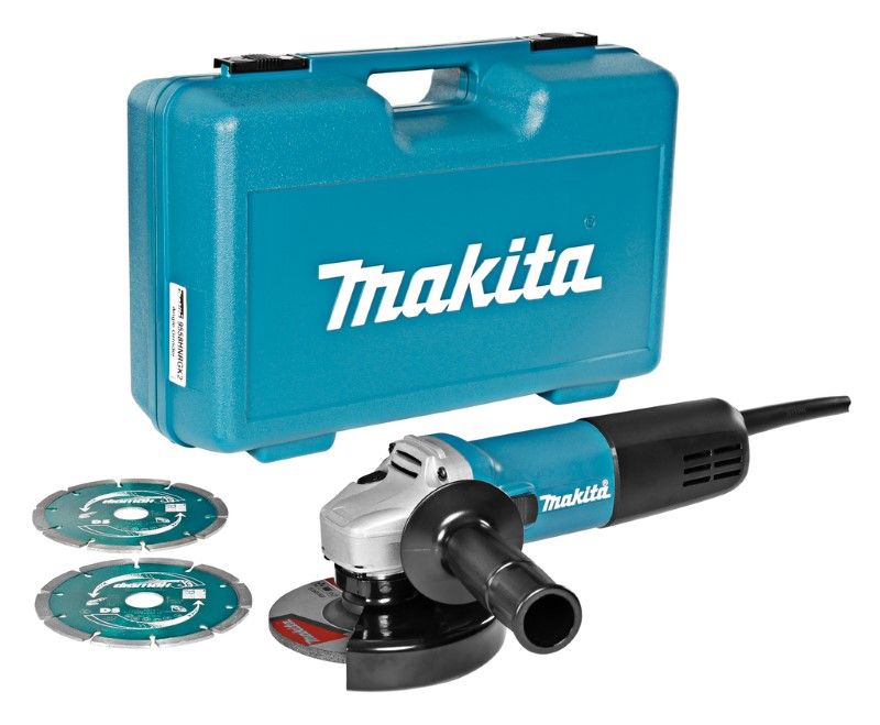 Makita 9558HNRGK2 230 V Haakse slijper 125 mm accessoire set, in koffer, met vastzetschakelaar