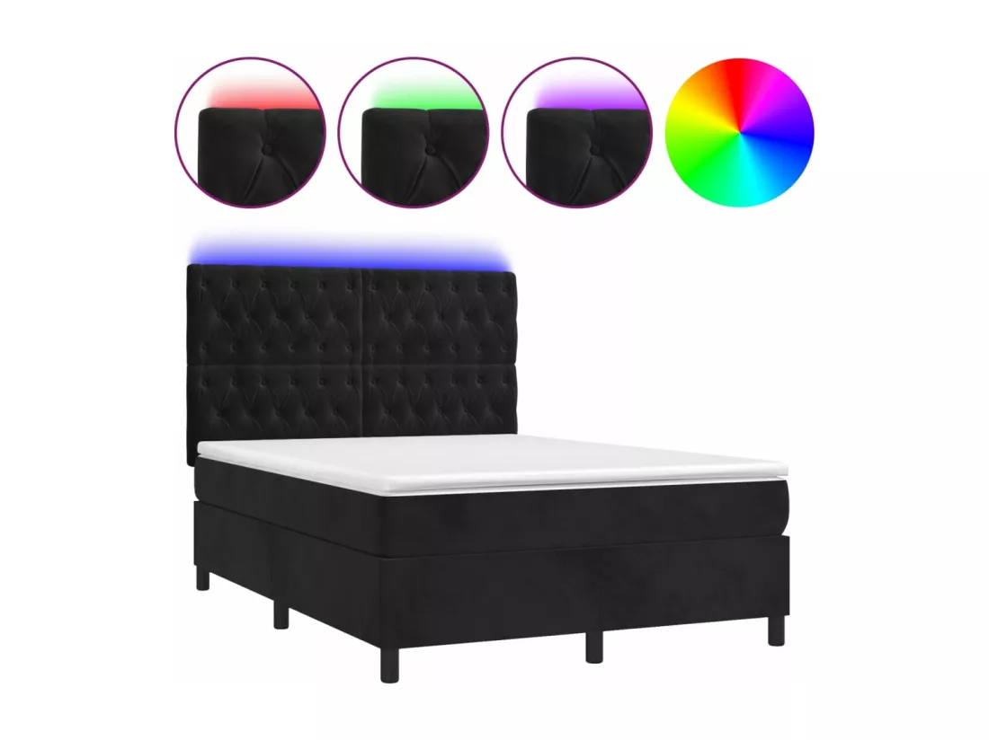 Sommier tapissier avec matelas et LED Noir 140x190 cm Velours