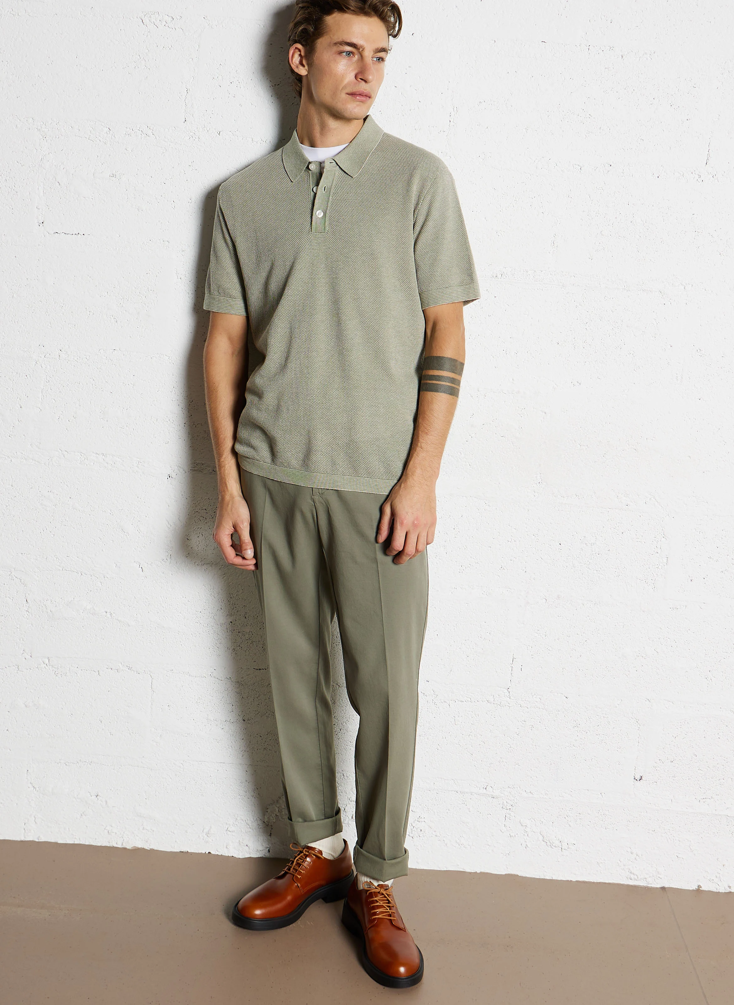 Polo texturé en coton et lin mélangés | Vert