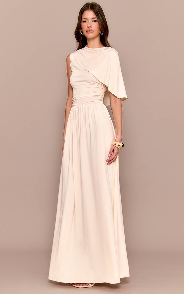 Crème Robe Longue Drapée À Fronces Superposées