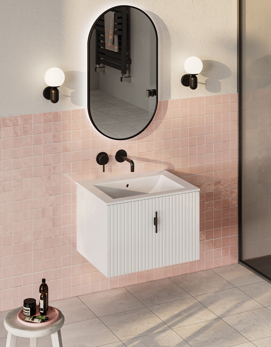 Muebles Raya badmeubel ribbelfront 60cm wit mat met witte wastafel zonder kraangat