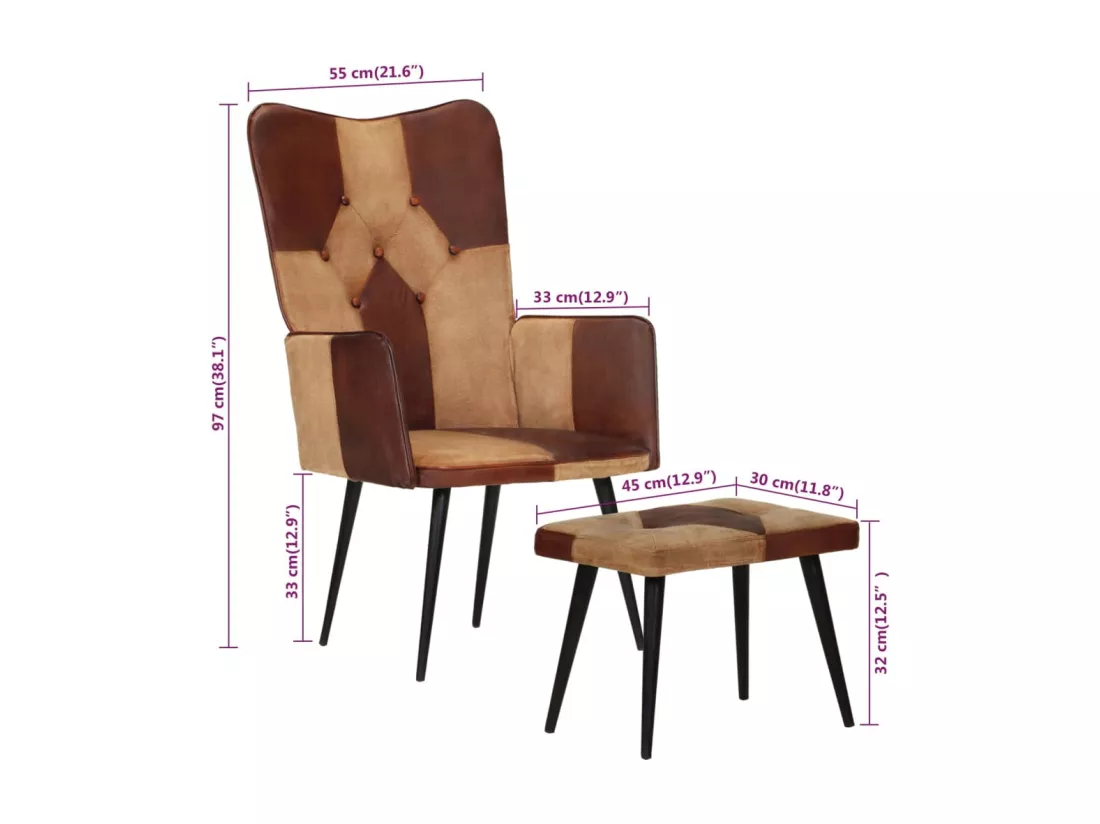 Fauteuil avec repose-pieds Marron Cuir véritable et toile