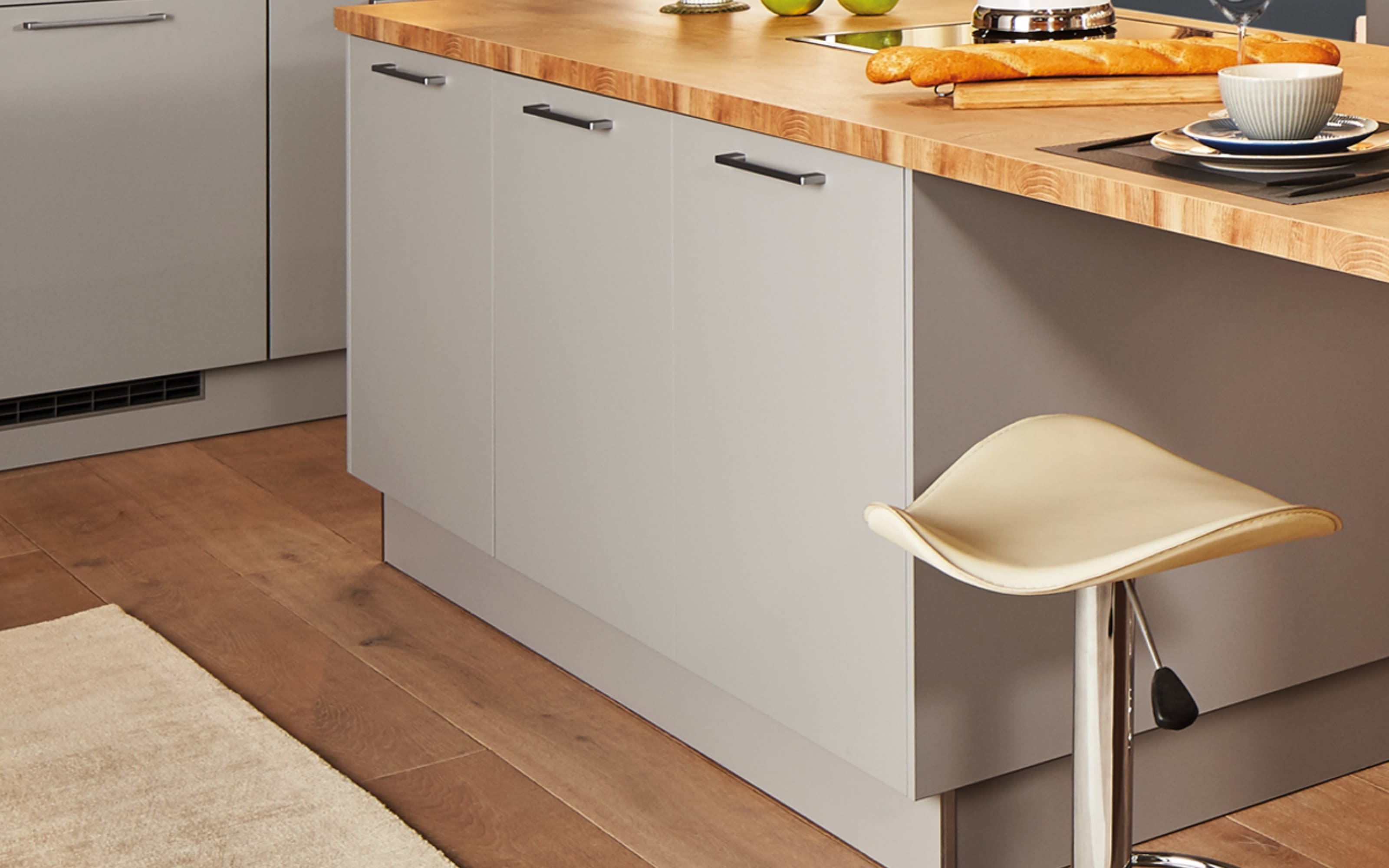 Einbauküche Perfect Soft, perlgrau, inkl. Bosch Elektrogeräte