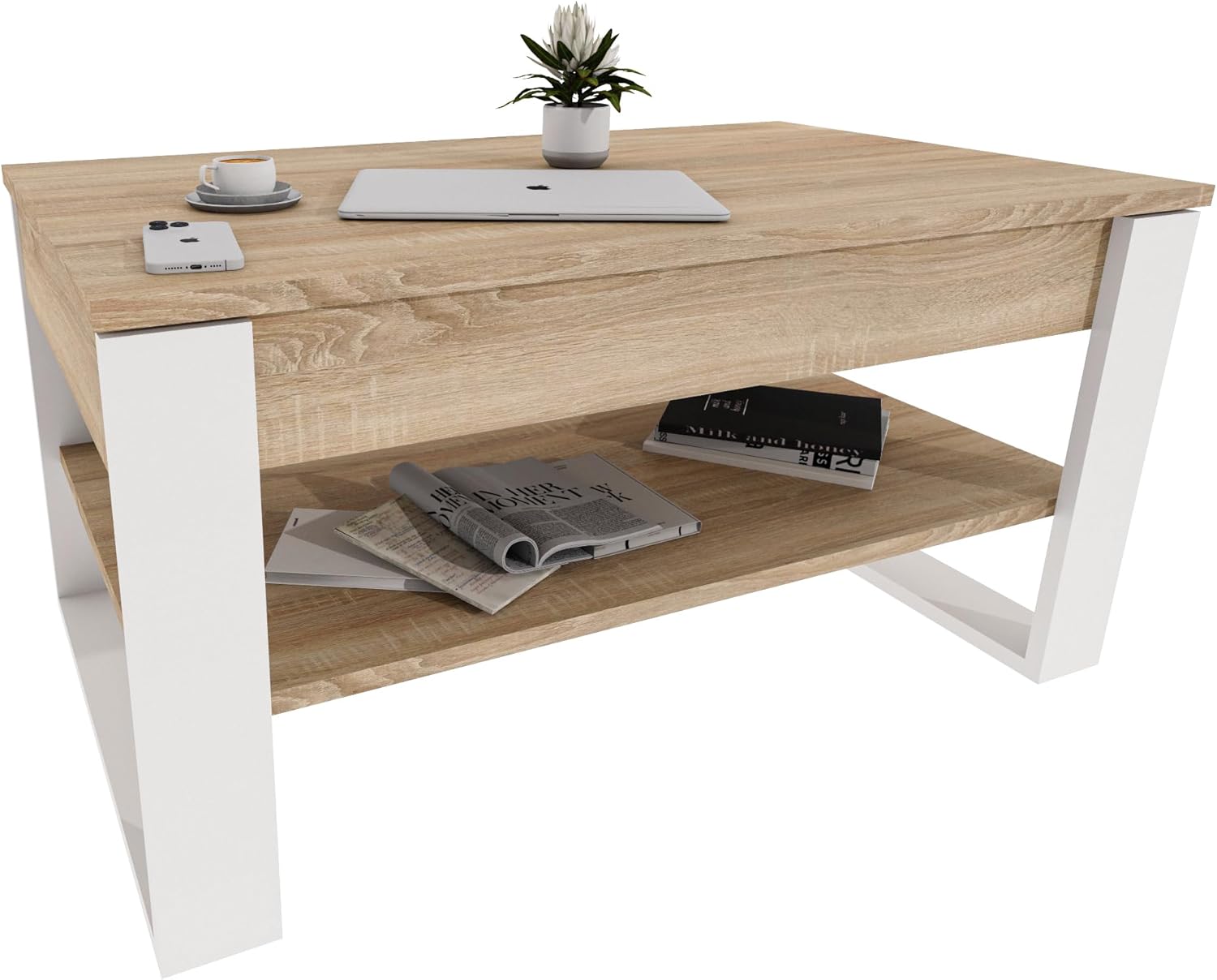 Couchtisch mit anhebbarer Platte | Höhenverstellbarer Wohnzimmertisch mit Stauraum | Sofatisch Eiche Sonoma Weiß modern mit Ablage & verstecktem Fach – Coffee Table für Wohnzimmer & Büro