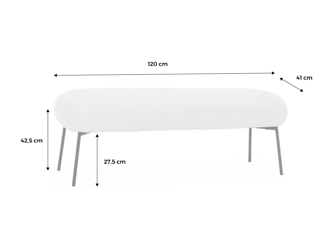 Banc. bout de lit avec revêtement bouclette. écru. pieds en métal noir. L 120 x P 41 x H 42.5cm