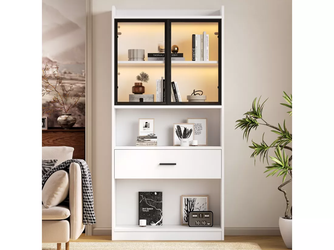 URBAN MEUBLE Vitrine blanc étagères 1 grand tiroir 2 portes en verre avec LED 80*35*153.5cm