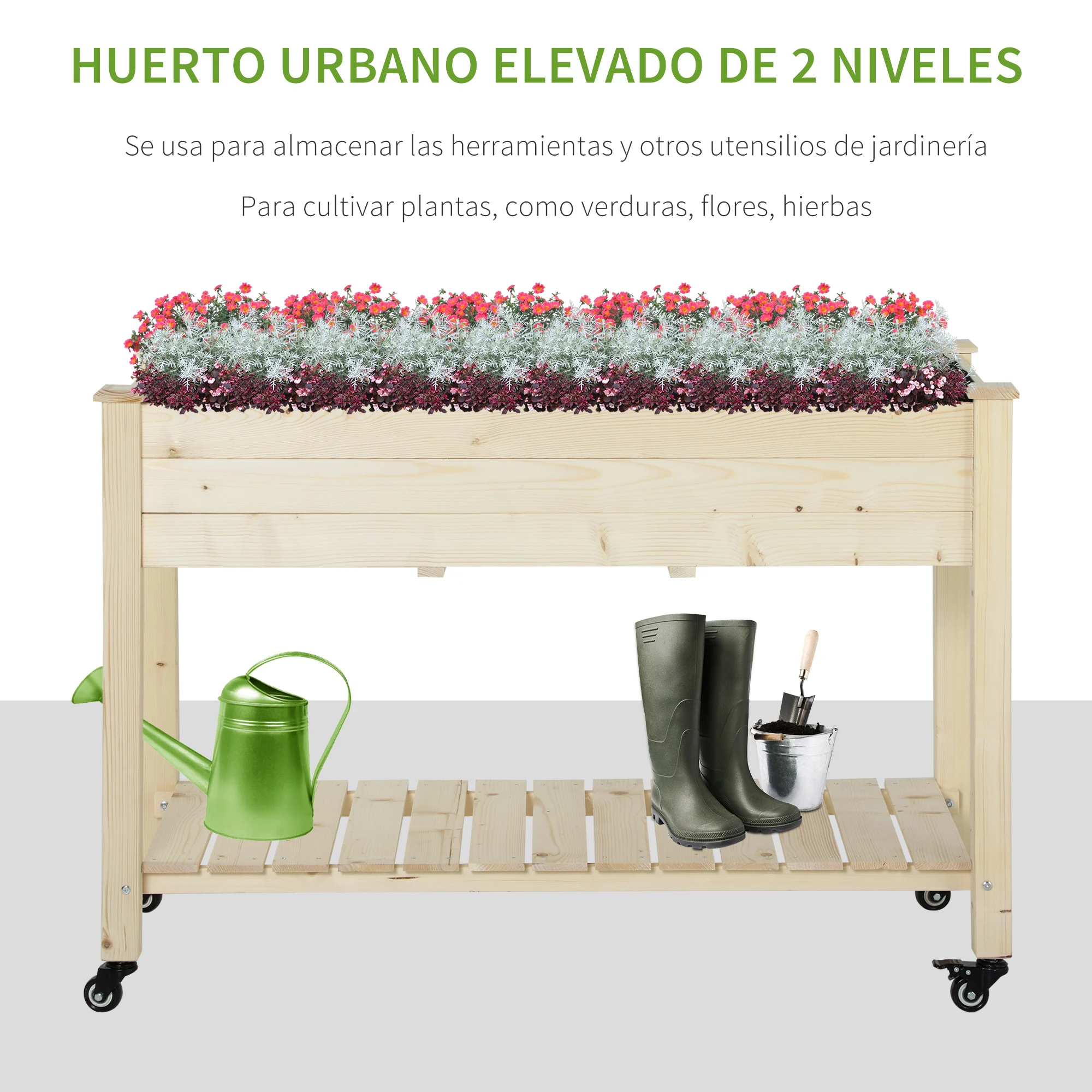 Mesa de jardim elevada Outsunny Urban Garden em madeira, 118x55x83 cm, com prateleira em geotêxtil, rodas com freios, portátil para cultivo em jardins e terraços, cor natural.