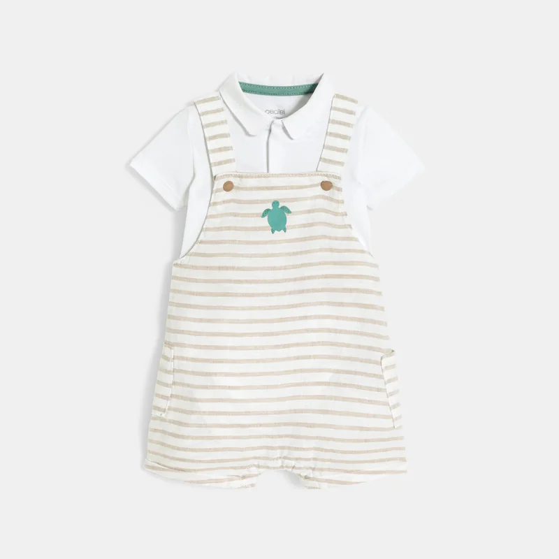 Salopette courte rayée beige et body blanc bébé garçon Beige