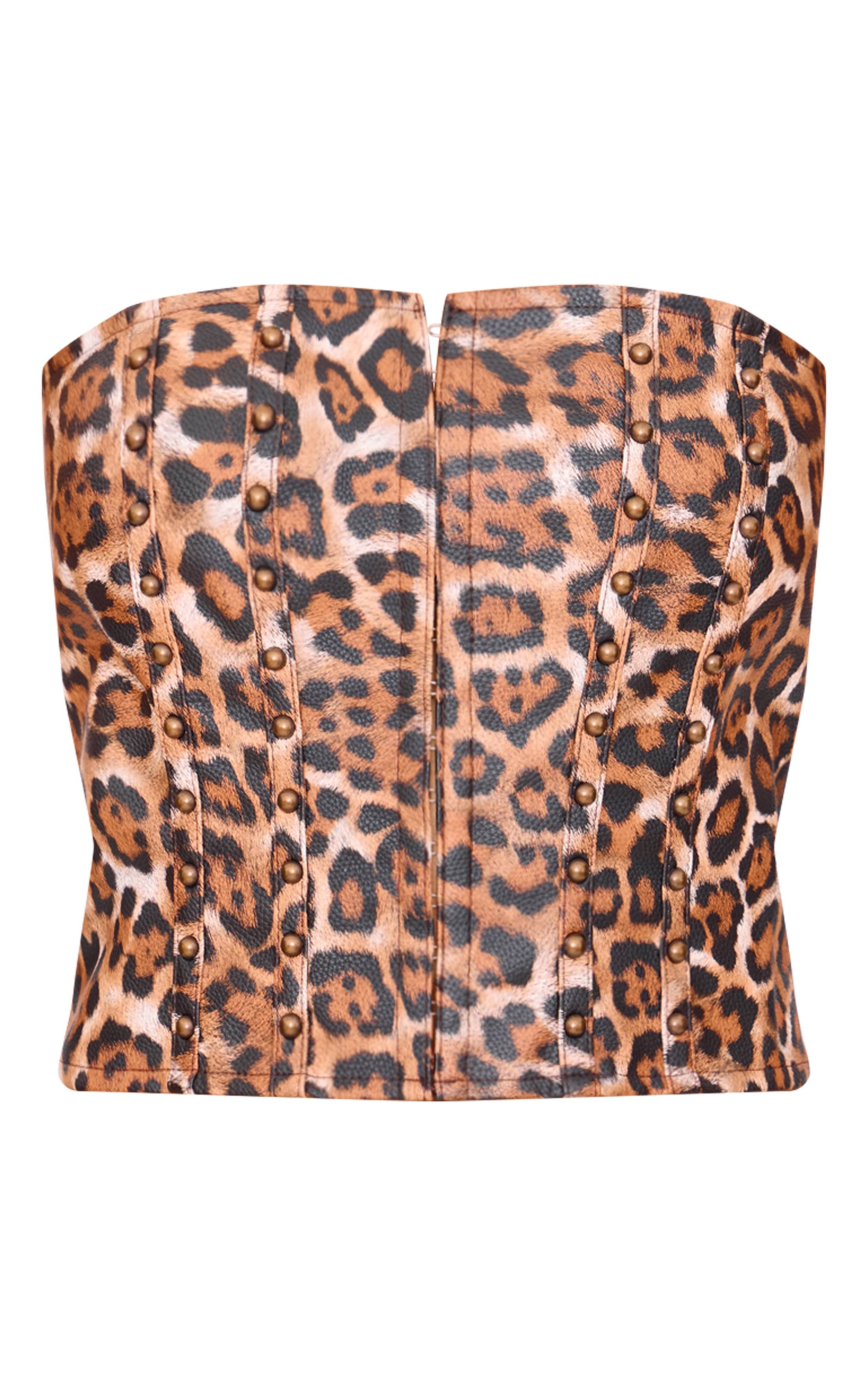 Marron Corset Court Clouté Imprimé Léopard En Synthétiquecuir