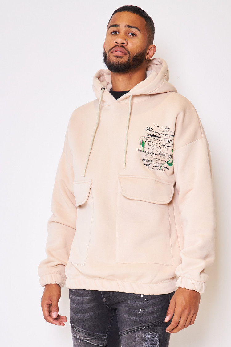 Sweat à capuche beige illustré