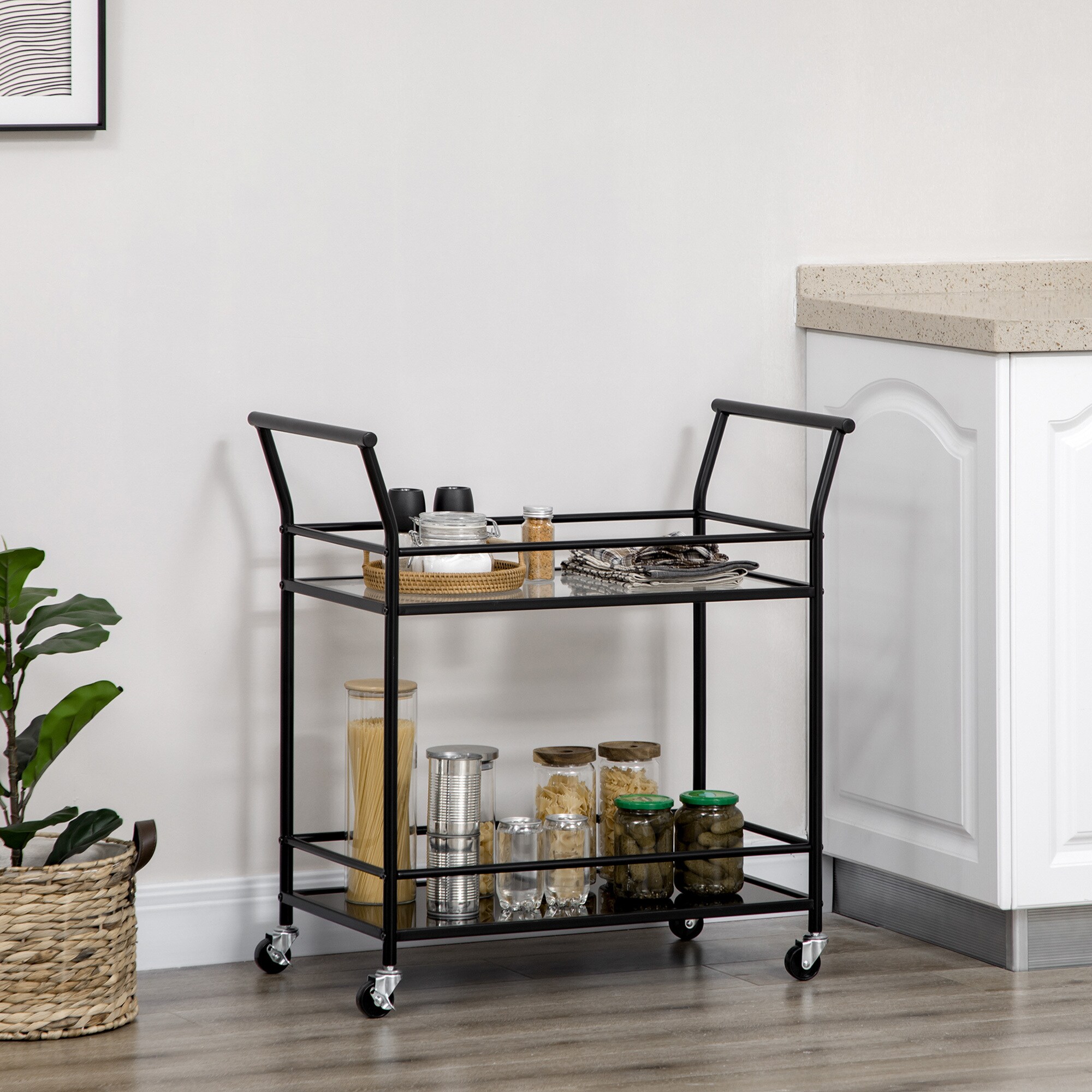 HOMCOM Küchenwagen mit Ablagen aus gehärtetem Glas schwarz 75L x 40B x 80H cm