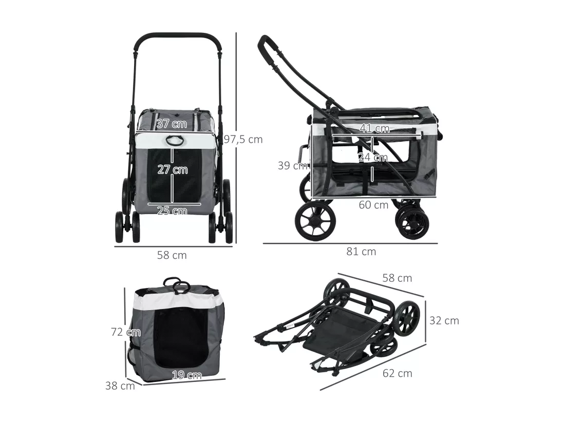 Poussette pliable animaux chien chat nacelle amovible 4 roues gris