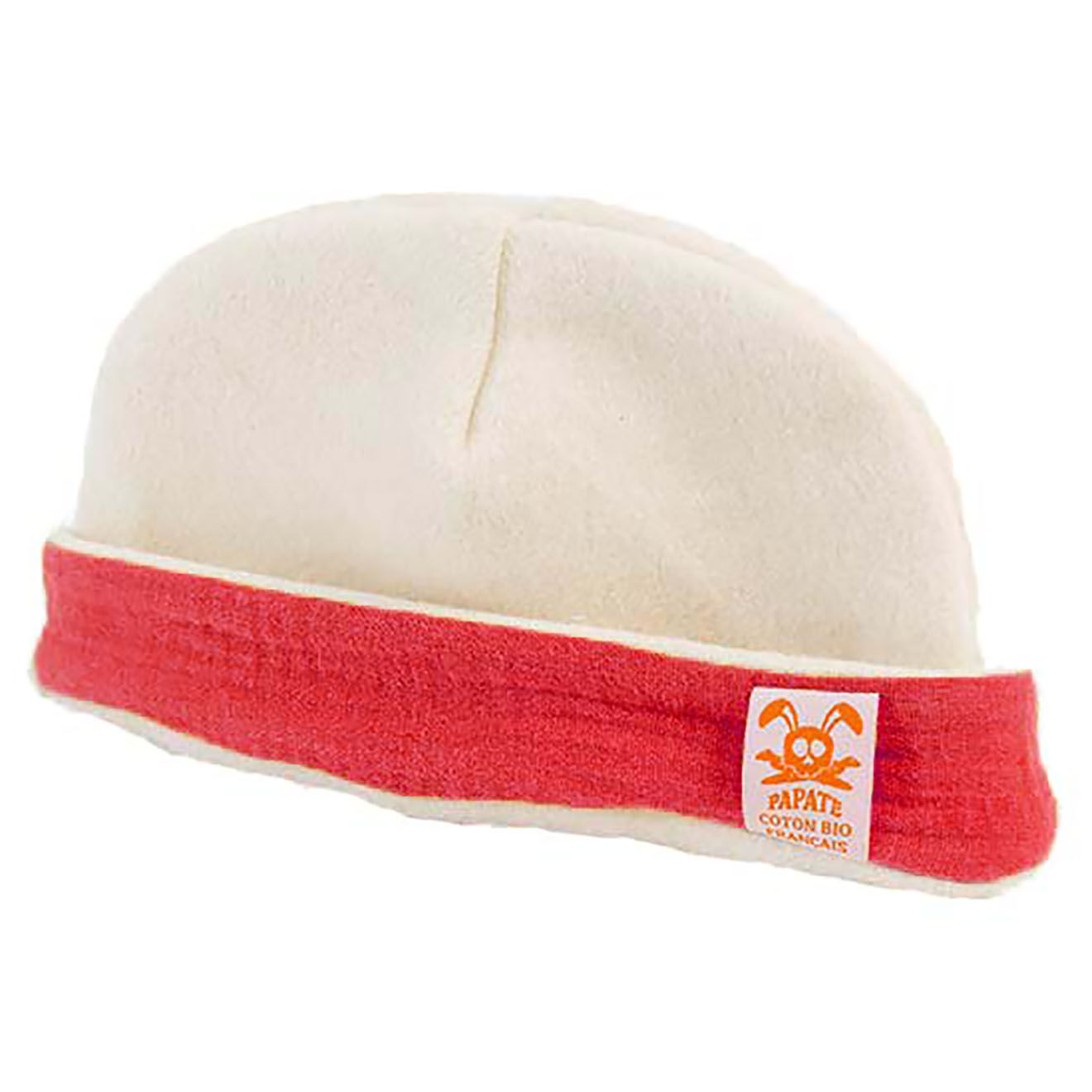 Papate Bonnet de Naissance en Coton Bio blanc/fraise - 20x12 cm