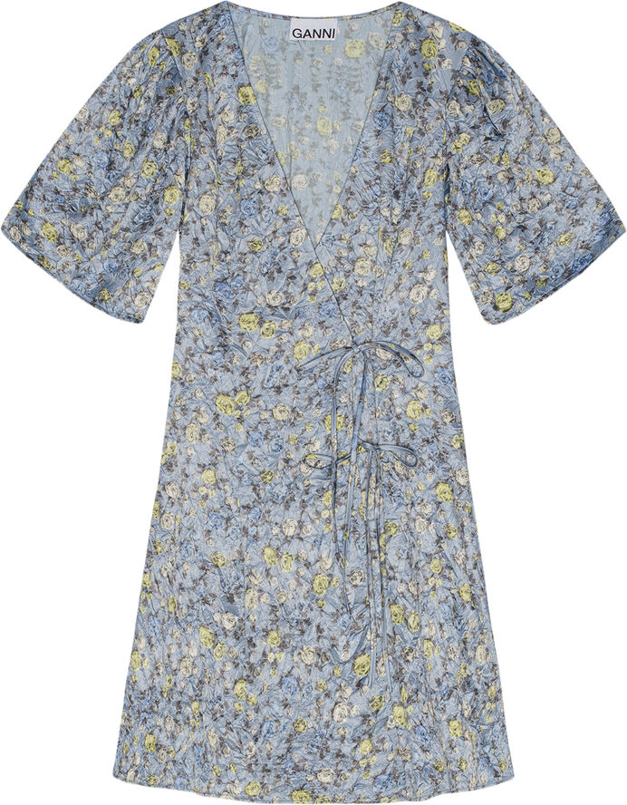 Ganni Crinkled Satin Mini Wrap Dress Dusty blue