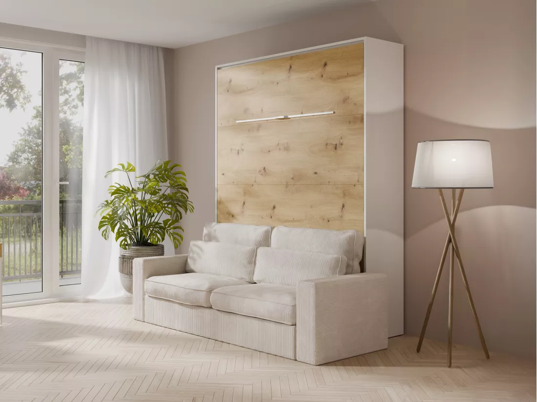 Lit escamotable 140 x 200 cm - Ouverture verticale manuelle - Avec LEDs - Blanc et naturel + Canapé - RAPILI
