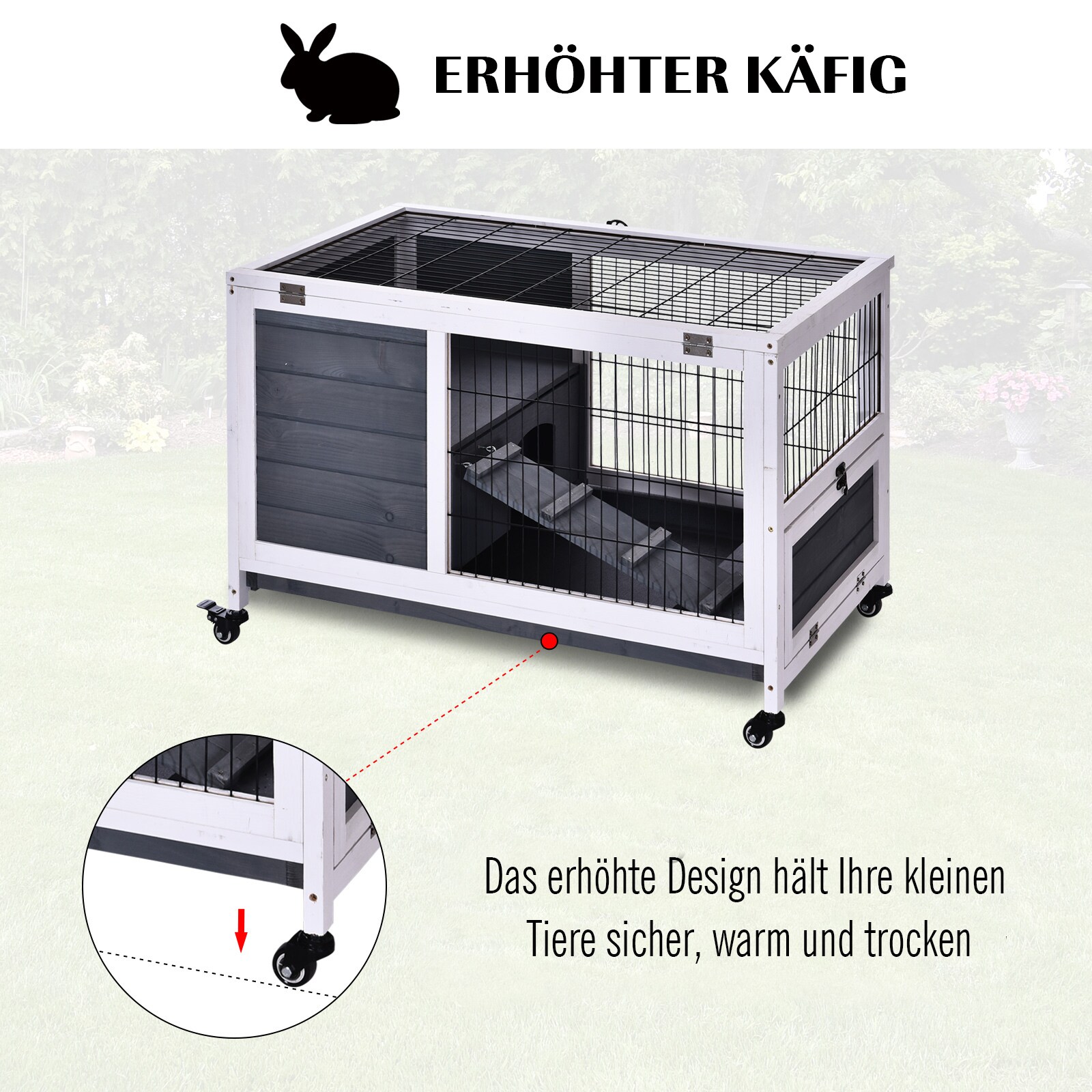 PawHut Kleintierkäfig mit Rädern und 2 Ebenen 90L x 53B x 59H cm