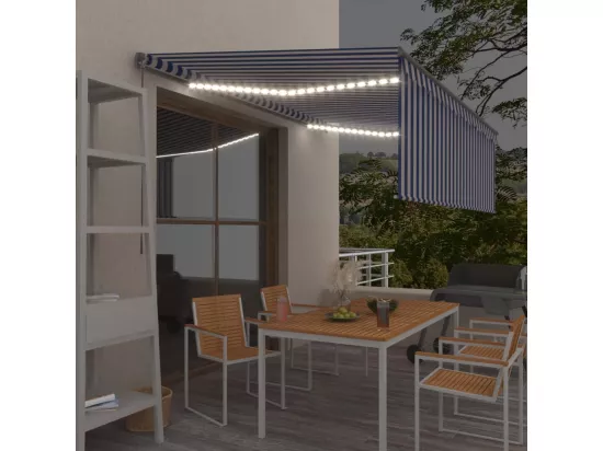 Auvent manuel rétractable avec store et LED 4x3 m Bleu et blanc