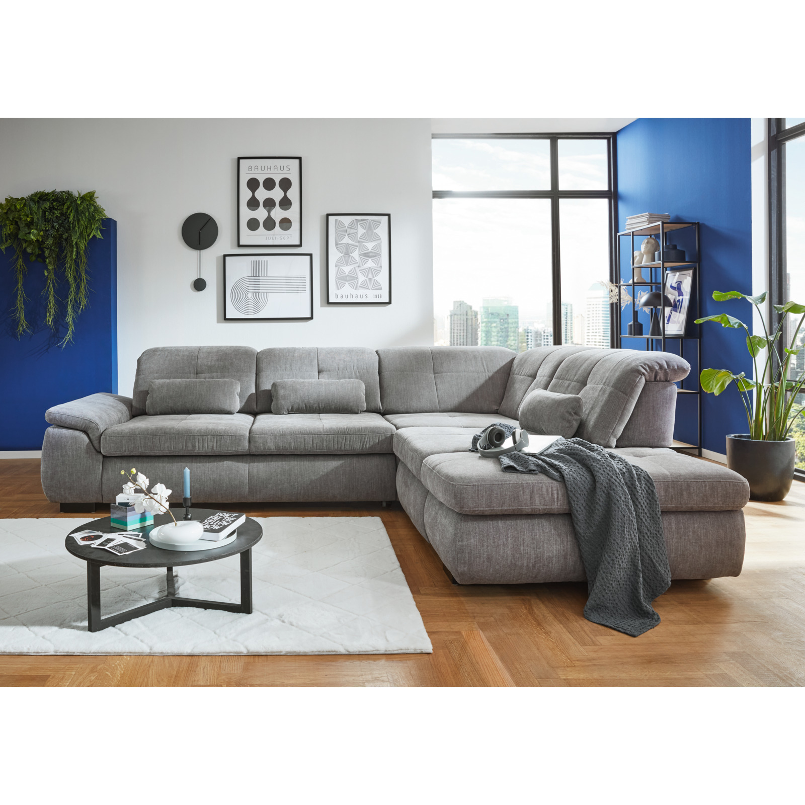 Ecksofa Paderborn Stoff grau, Ottomane rechts