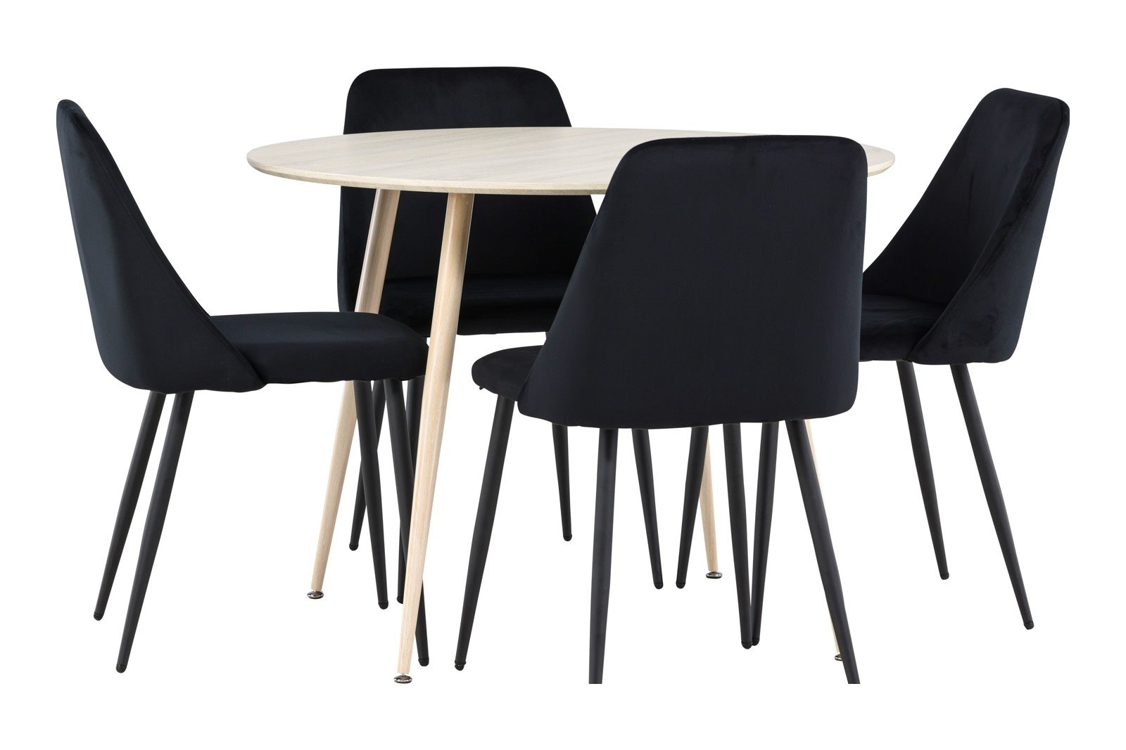 Plaza og Night Spisegruppe Plaza rundt spisebord ø120cm i hvit polert og hvit ben med 4 stk. Night spisestoler i Sort og sorte ben.