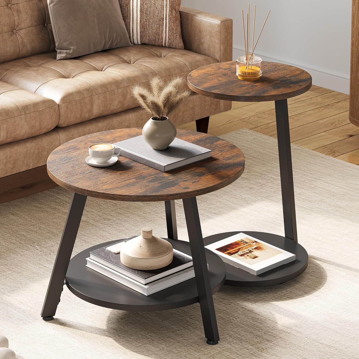YITAHOME 2er Set Couchtisch Set Rund, Wohnzimmertisch mit Stauraum, Beistelltisch 2er Set Stapelbar mit Holzplatte und Metallrahmen, C-förmiger Beistelltisch, Couch Tisch Wohnzimmer, Rustikales Braun