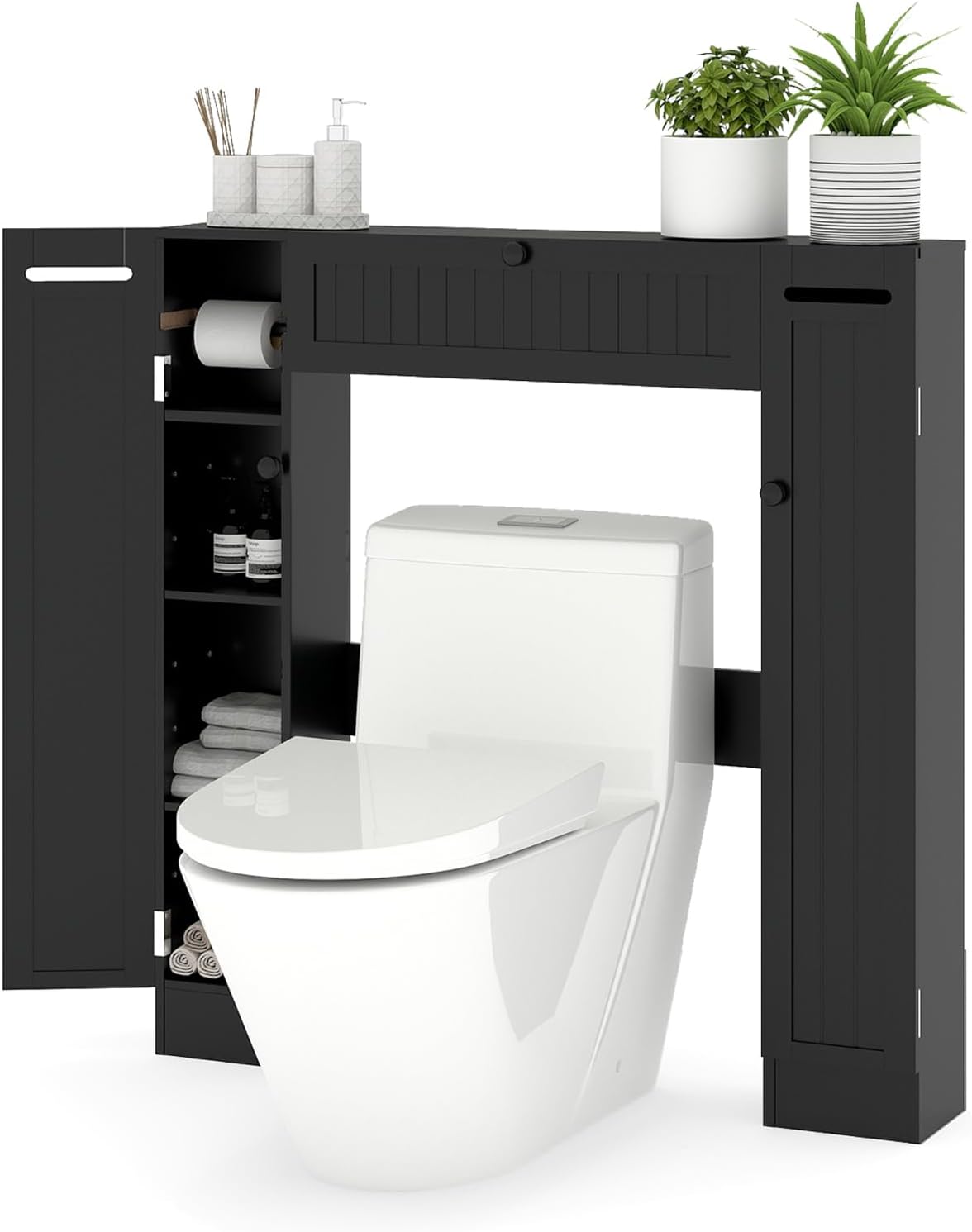 LIFEZEAL Kleiner Aufbewahrungsschrank über der Toilette mit 2 Papierhalter, WC-Möbel mit verstellbaren Regalen und 6 Fächern, Badezimmermöbel aus Holz (Schwarz, 89 x 19,5 x 99