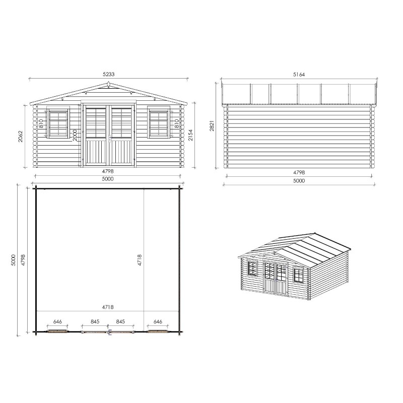 Abri de jardin en bois - 5x5 m - 35 m2 + terrasse avec balustrade et avant-toit en bois