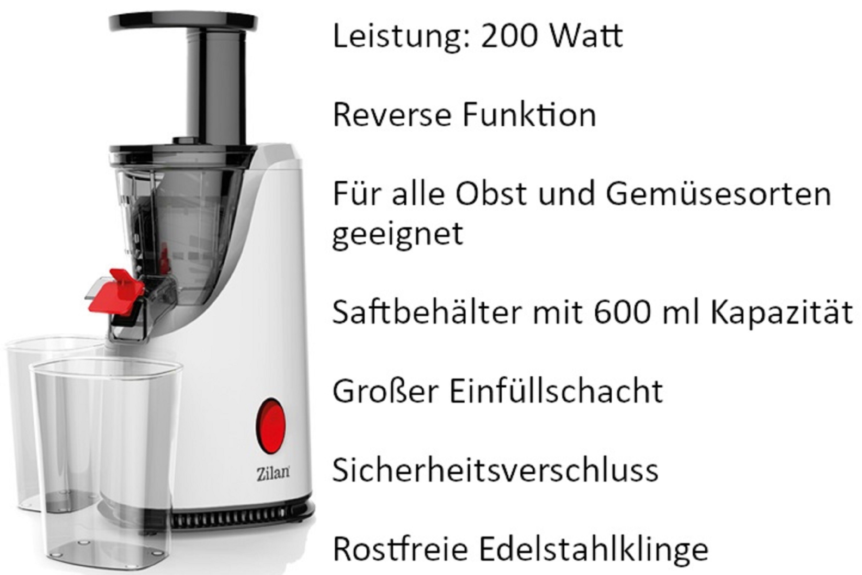 Zilan Entsafter Slow Juicer Saftpresse Edelstahlklinge 600ml 200W