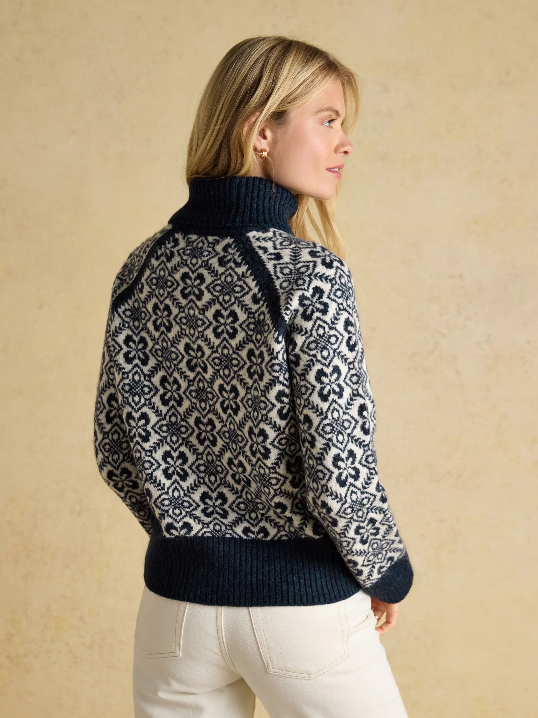 Marineblauw en crème - Joules Addison Patterned Knitted Jumper with Detachable Roll Neck