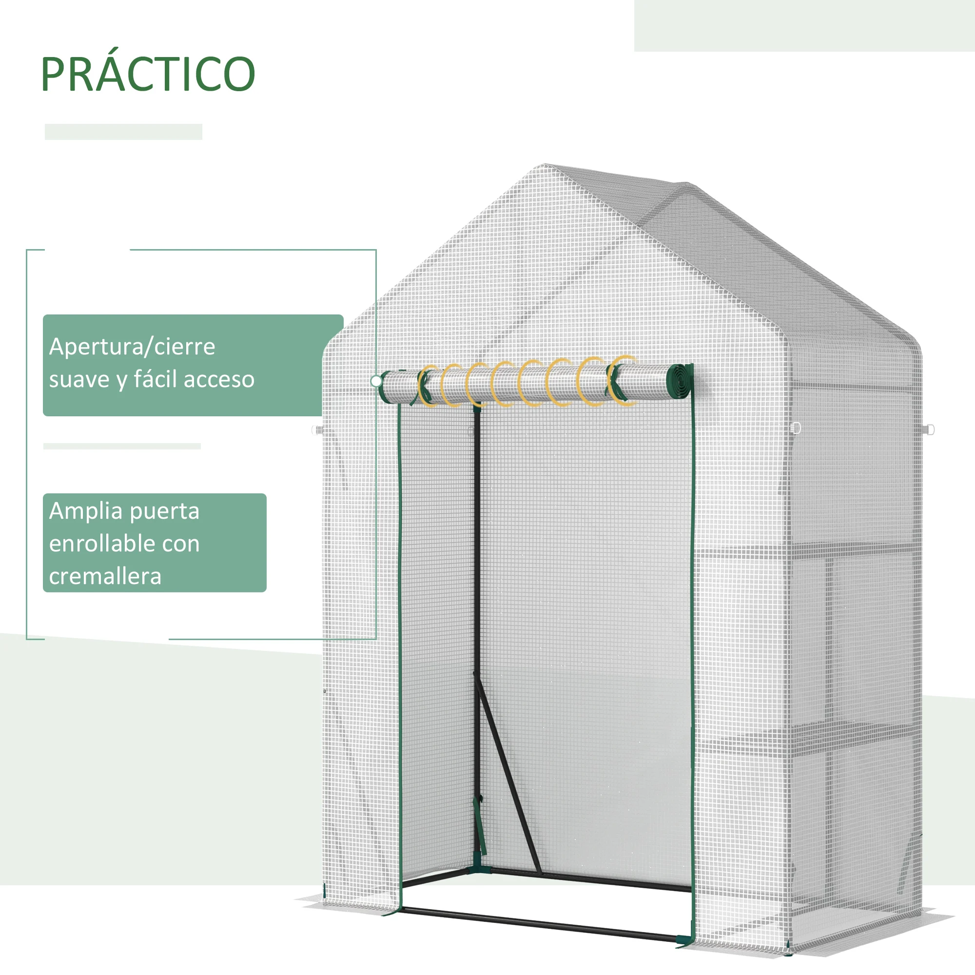 Estufa de jardim Outsunny, 143x73x195 cm, em aço, com 2 prateleiras e porta de enrolar, ideal para o cultivo de plantas, vasos e flores, perfeita para áreas externas, na cor branca.