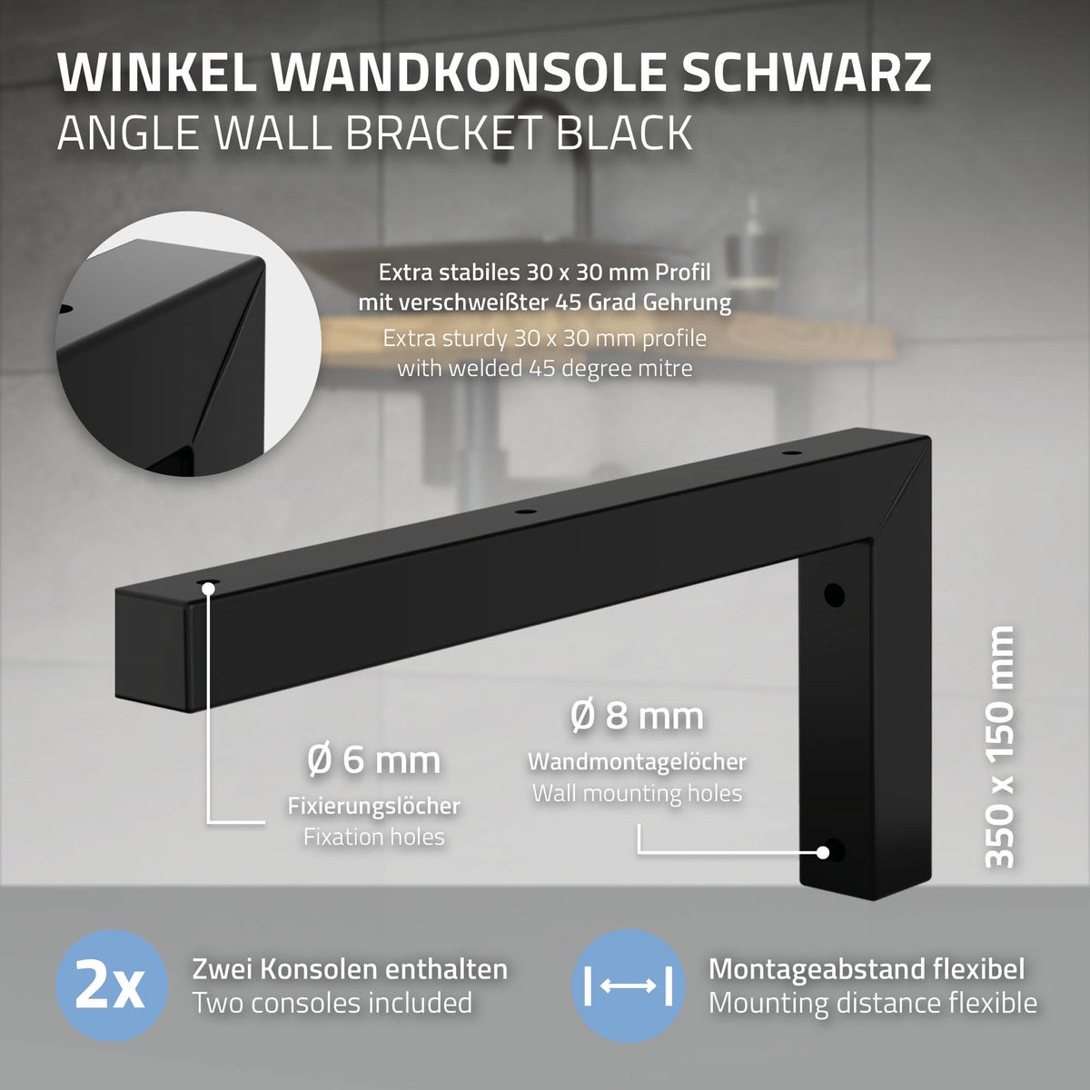 ML-Design 2-delige set L-vormige wandconsoles voor wastafels, 350x150 mm, zwart staal, design wastafelconsole, wandbevestiging voor wastafelblad, planchetconsole, planchethouder