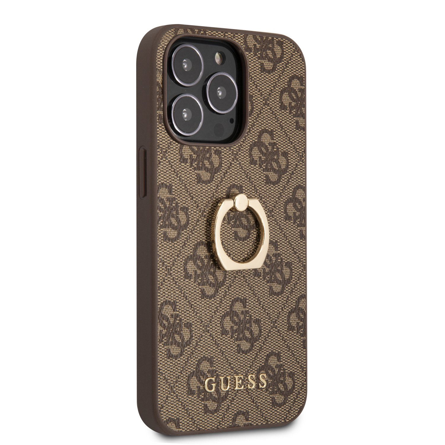 iPhone 13 Pro Leder Hardcase Hülle Ring (GUHCP13L4GMRBR) - Braun / Gold
