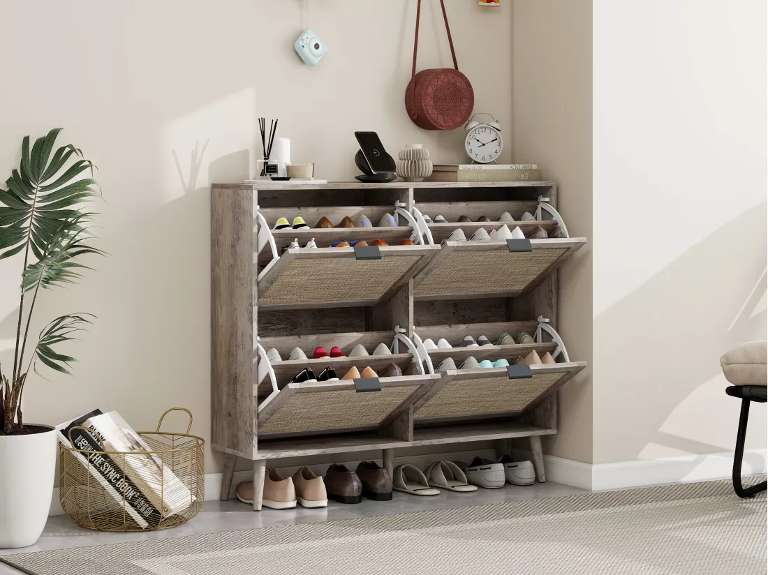 Meuble à chaussures rétro gris à 4 portes, avec look en rotin, double étagère, 105 cm, avec fond arrière, idéal pour couloir et espaces similaires