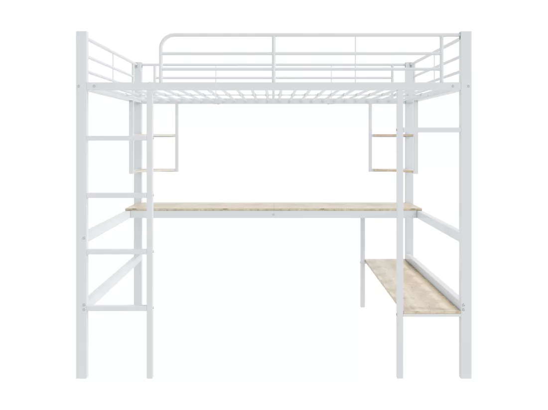 Lit mezzanine 90 x 200 cm avec bureau et étagères de rangement - métal - sommier à lattes - blanc