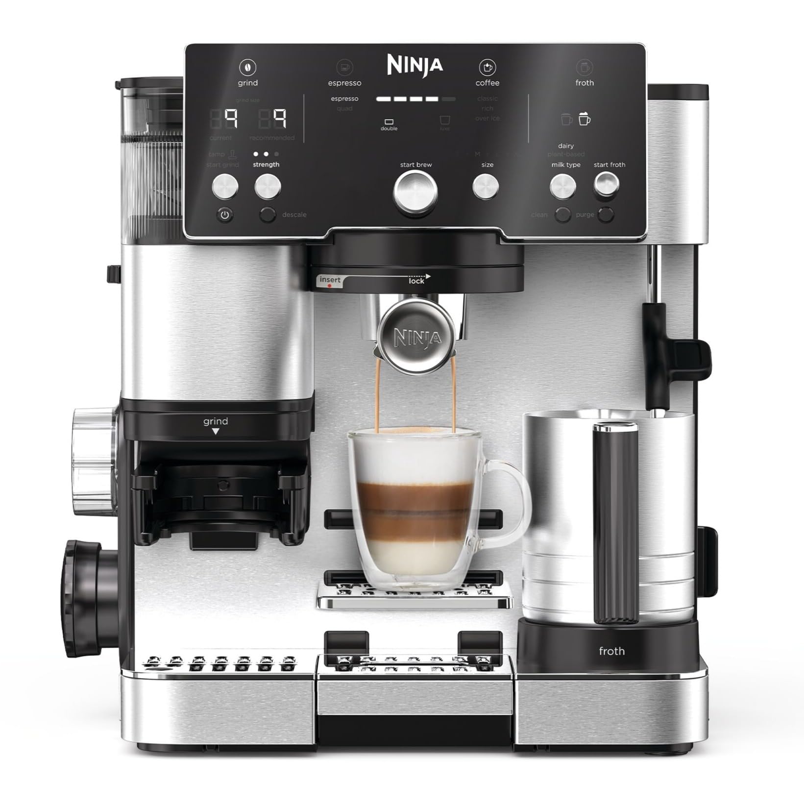 NINJA Machine à café Luxe Essential 2-en-1, Latte, Cappuccino et Espresso avec broyeur à grains et mousseur à lait intégrés, facile à utiliser, 2 prér