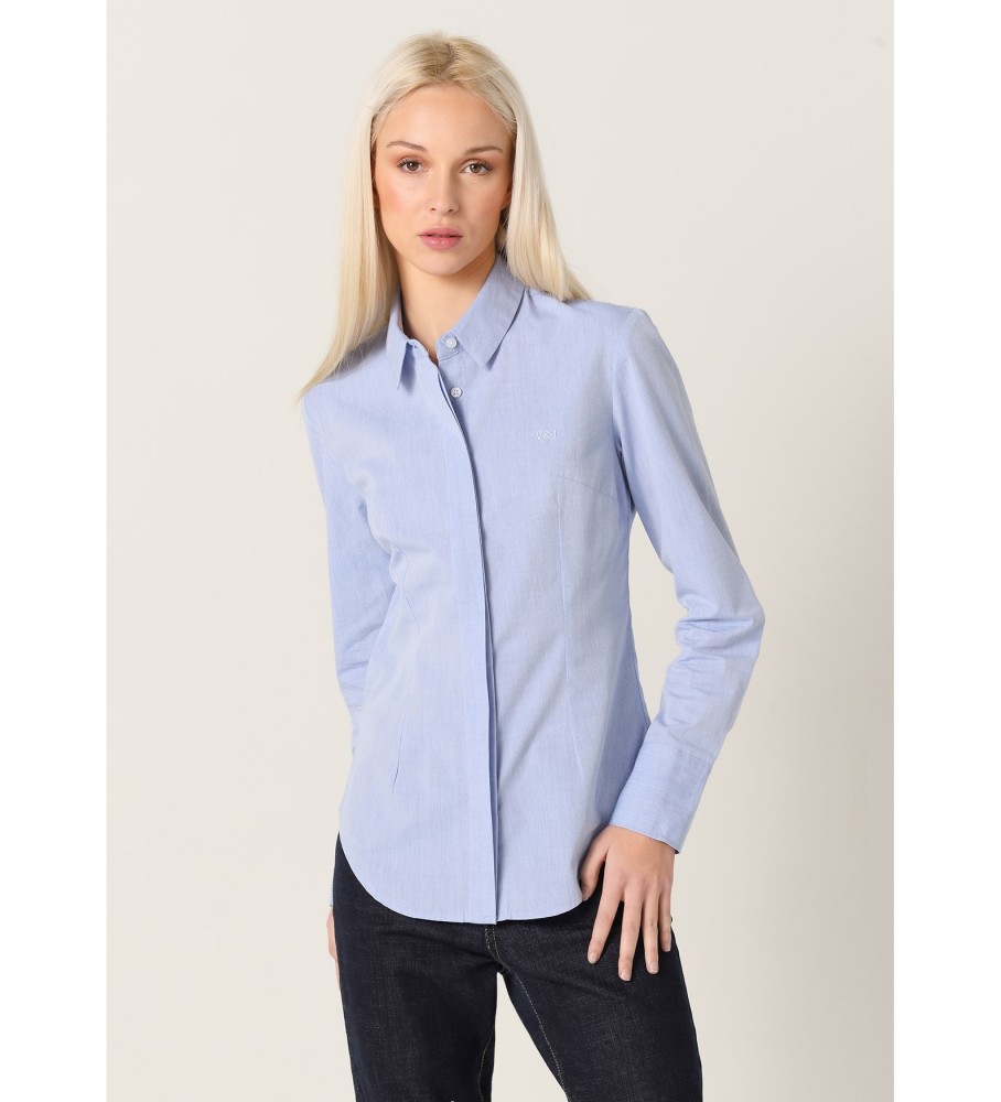 Camisa de manga comprida Victorio & Lucchino, V&L, com estrutura fil-a-fil, azul.