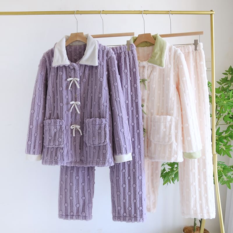 MelMount - Pyjamaset: Lange mouwen, kraag, tweekleurige strik, koraalkleurige fleece top met knopen + elastische tailleband en rechte pijpen