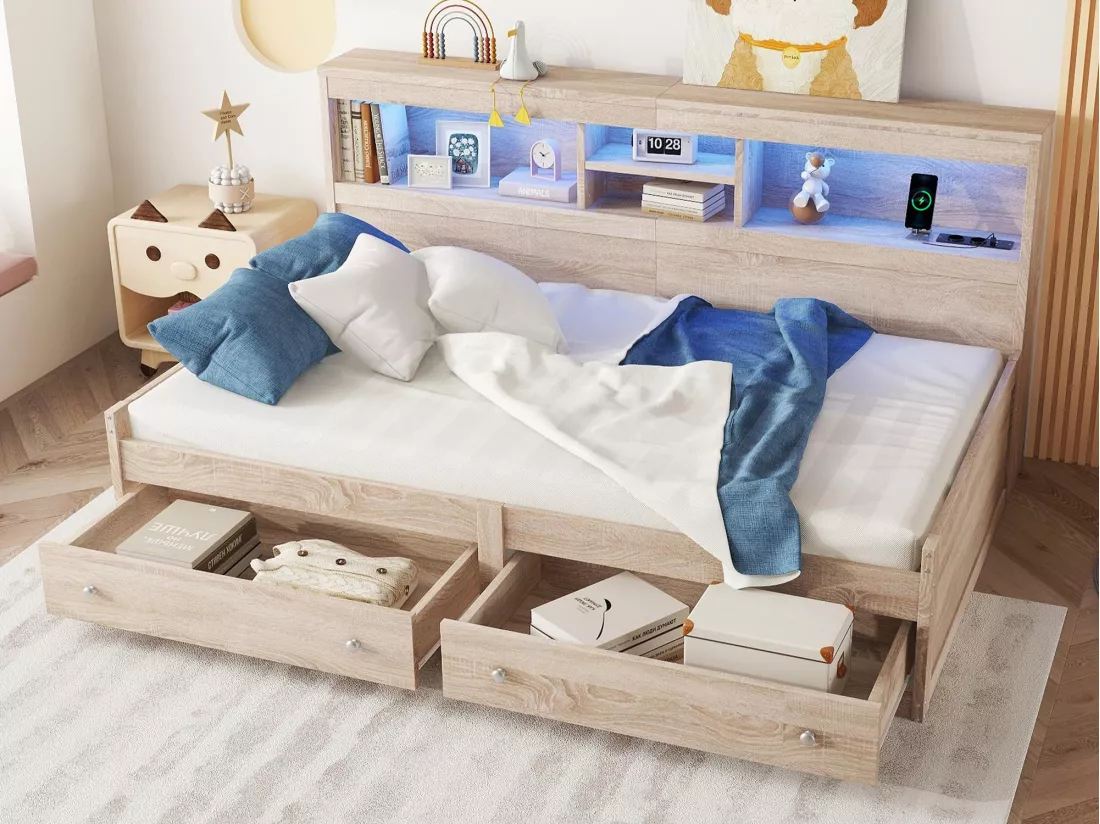 Lit banquette 90x200cm - avec prise USB & 2 tiroirs - sommier à lattes - Naturel