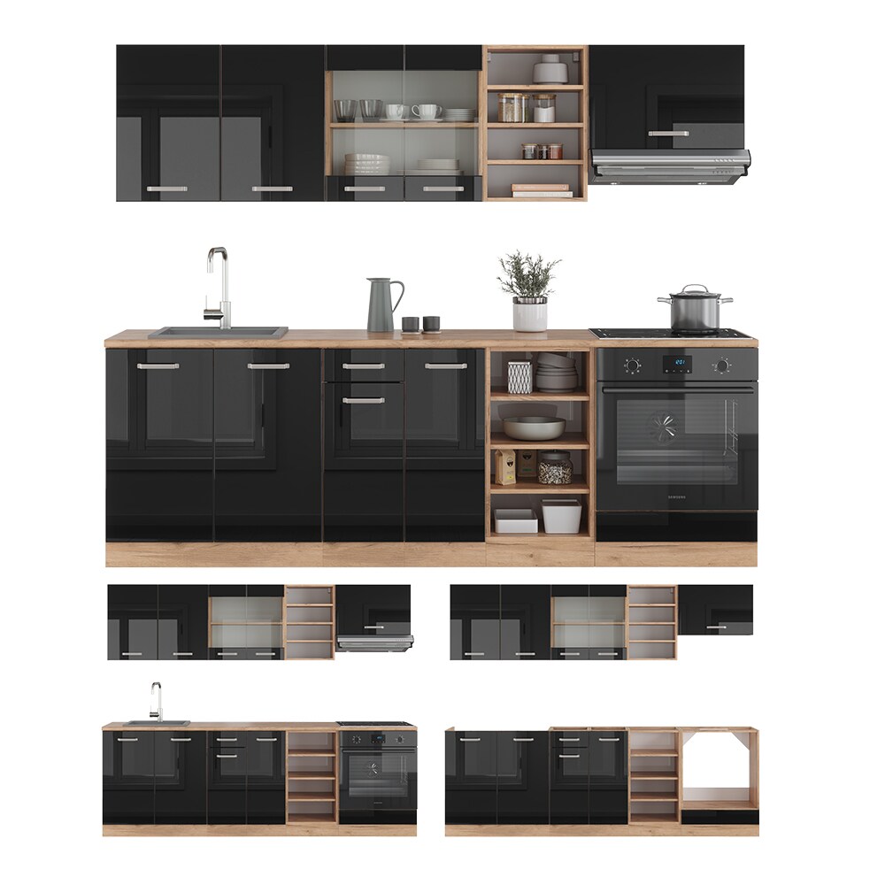 Vicco Küchenzeile R-Line Solid Eiche Schwarz 240 cm modern Küchenschränke Küchenmöbel