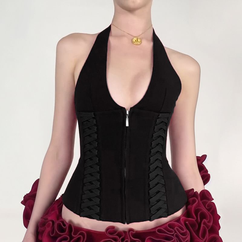 Trisica - Halter V-hals tanktop met open rug, rits en slim fit