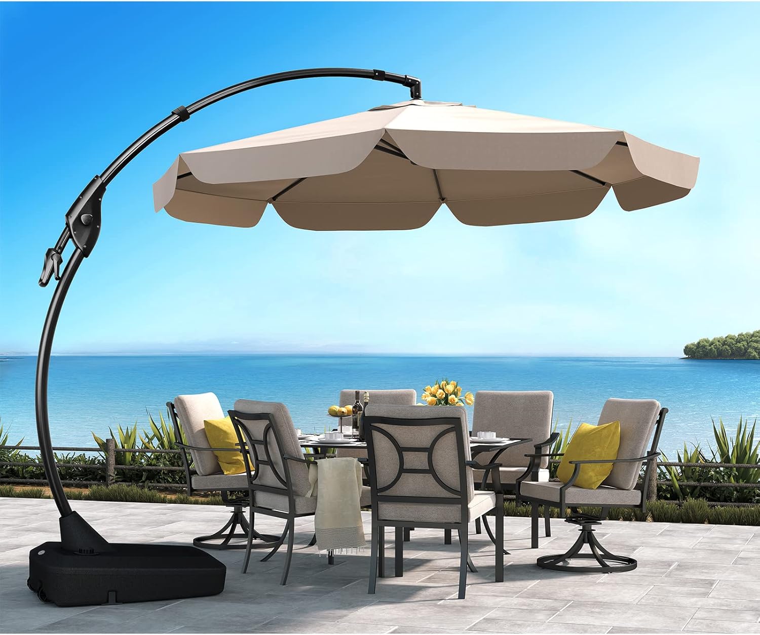 Grand patio Sonnenschirm mit Schirmständer, Gartenschirm 300cm mit Volant, Neigungswinkelverstellung, UV-Schutz UPF 50+, Marktschirm mit Kurbel, für Garten, Balkon, Terrass (Beige)