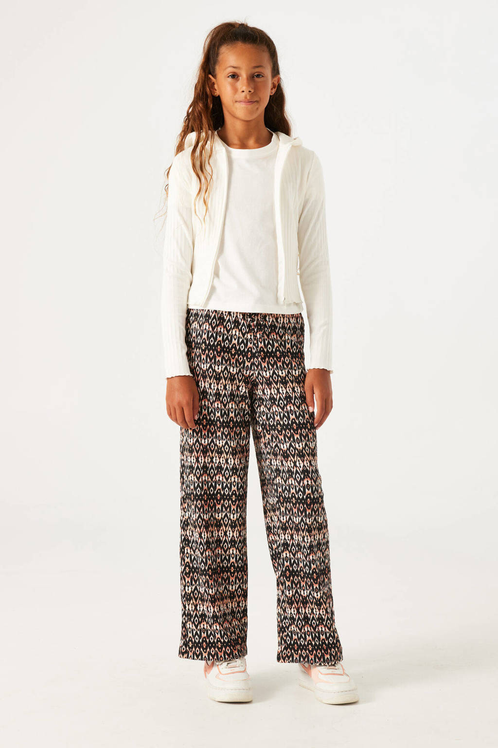 Garcia high waist loose fit broek van polyester zwart/ecru/oranje