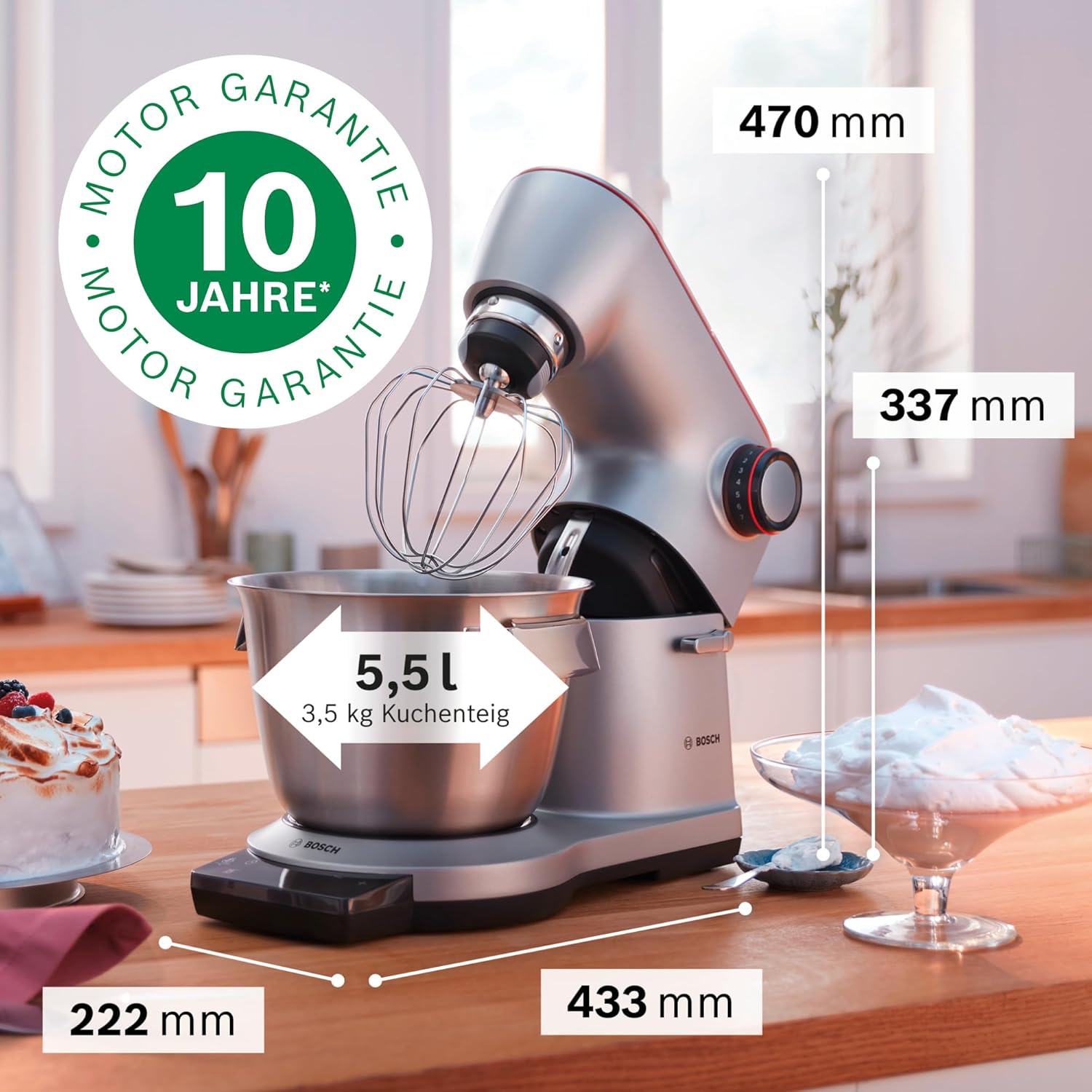 Bosch Küchenmaschine OptiMUM, 3 Automatikprogramme, Edelstahl-Schüssel 5,5 L, spülmaschinenfest, integrierte Waage, Timer, Profi-Knethaken, besen, 7 Stufen, 1500 W, silber, MUM9AX5S00