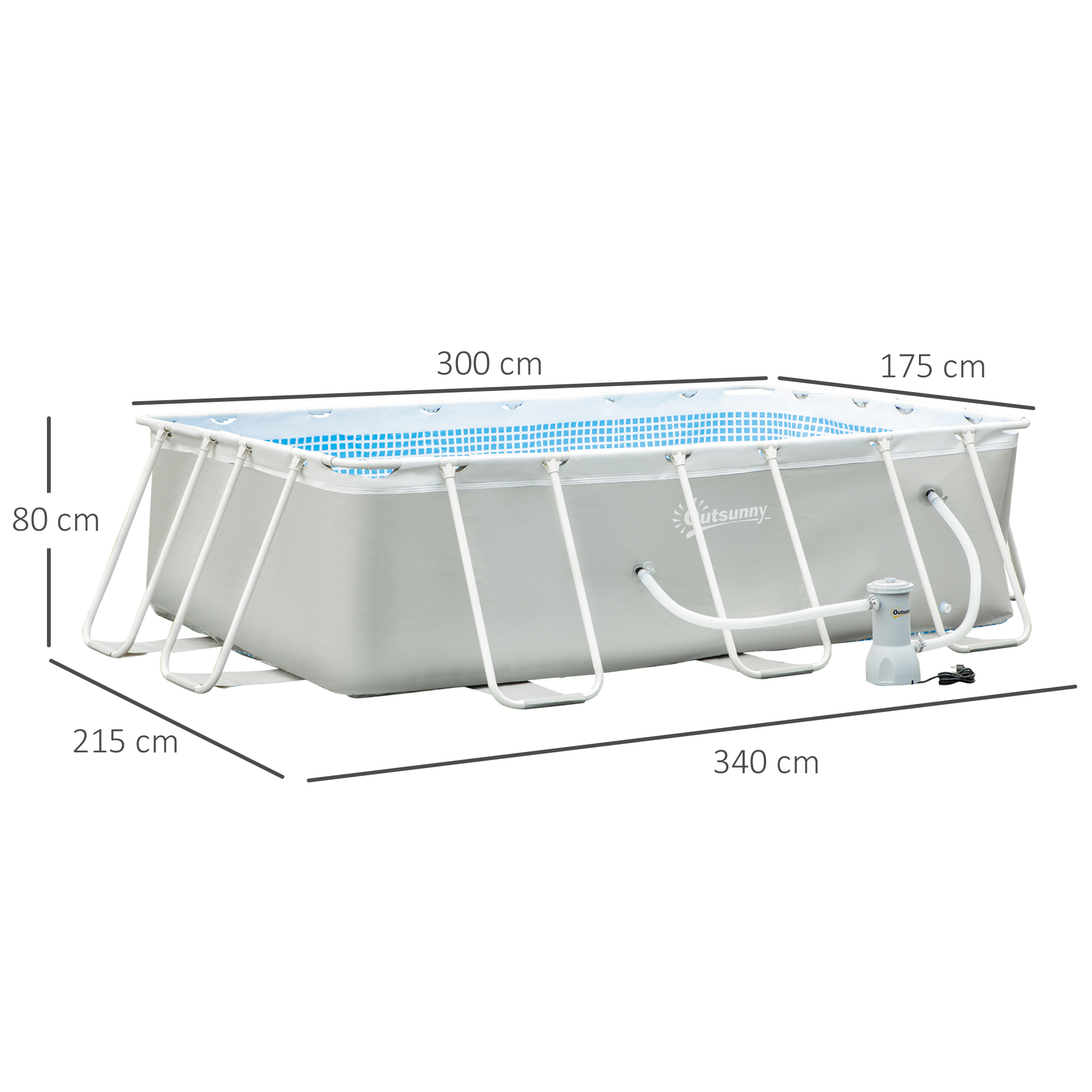 Piscina retangular tubular Outsunny de 340x215x80 cm para uso externo, com bomba de filtro de cartucho de 4.000 L/h, mangueira de 100 cm e estrutura de aço de 4.200 L, cinza.