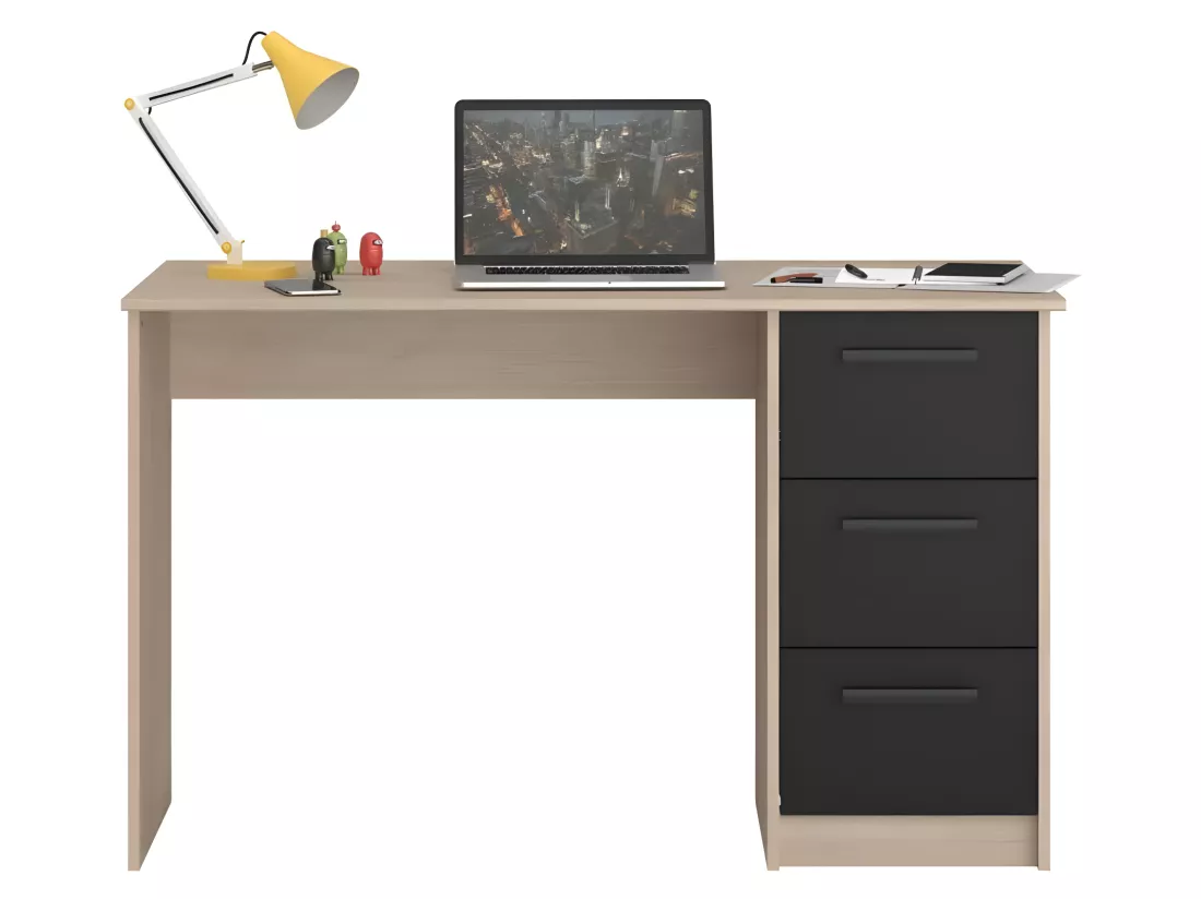 Bureau droit 3 tiroirs - Décor chene Brooklyn - L 121,4 x P 55 x H 74.5 cm - ESSENTIELLE