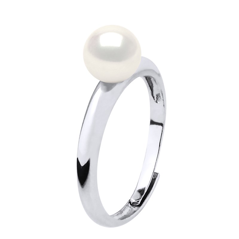 Bague Ajustable Jonc Perle d'Eau Douce Ronde 6-7 mm Blanche Argent 925