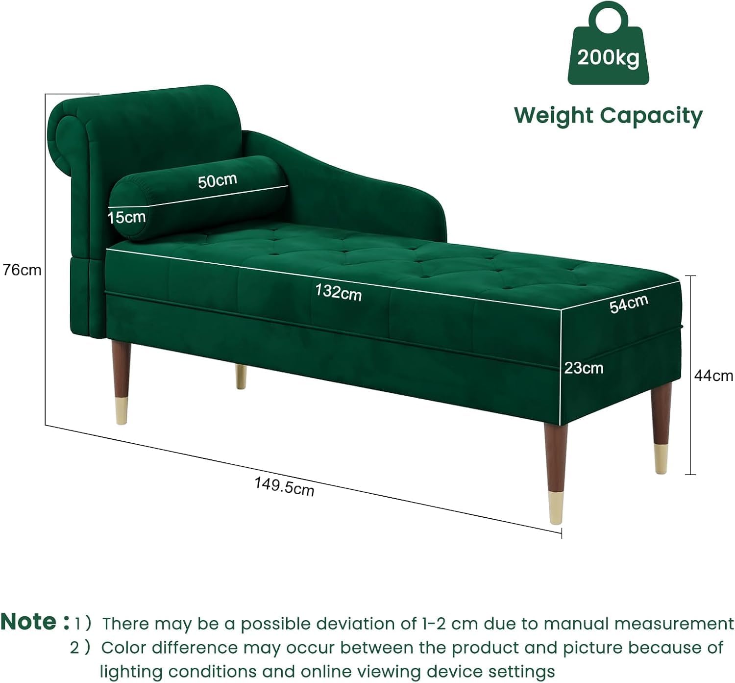 Vesgantti Velvet Chaiselongue, Indoor Lounge Sofa mit linker  Armlehne und Lendenkissen, Recamiere für Wohnzimmer, Schlafzimmer und Büro, Samt Loungesessel 149.5 x 54 x 76CM