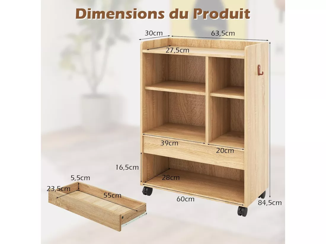 Table d’appoint à roulette, meuble tourne-disque vinyle, 5 compartiments ouverts (jaune)
