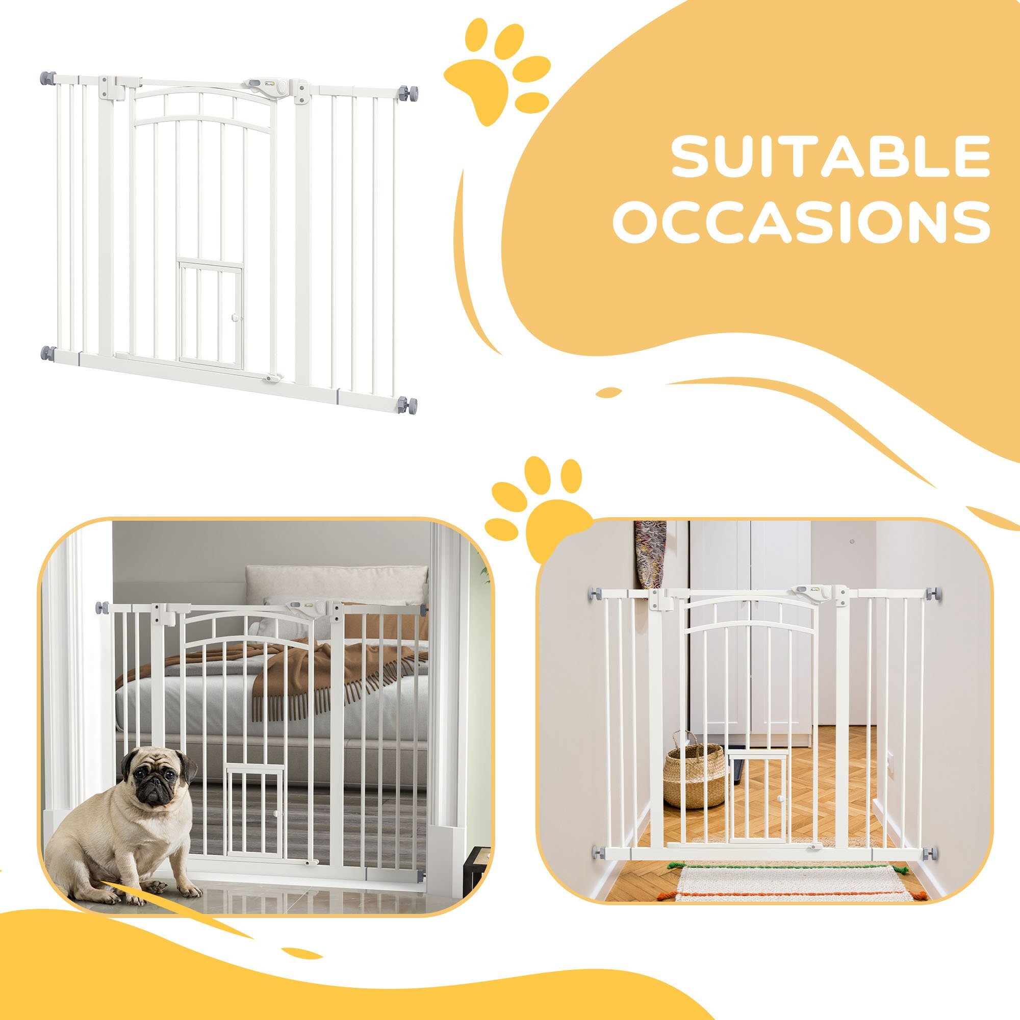 PawHut Türschutzgitter mit einer Katzentür weiß 74-100L x 4B x 76H cm