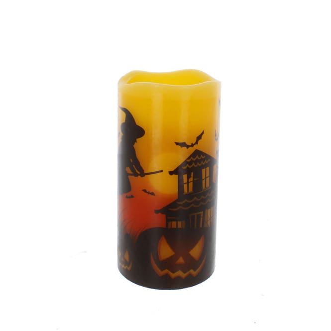 LED Kerze Hexenhaus orange/schwarz - aus Wachs - ca. 7,5 x 15 cm