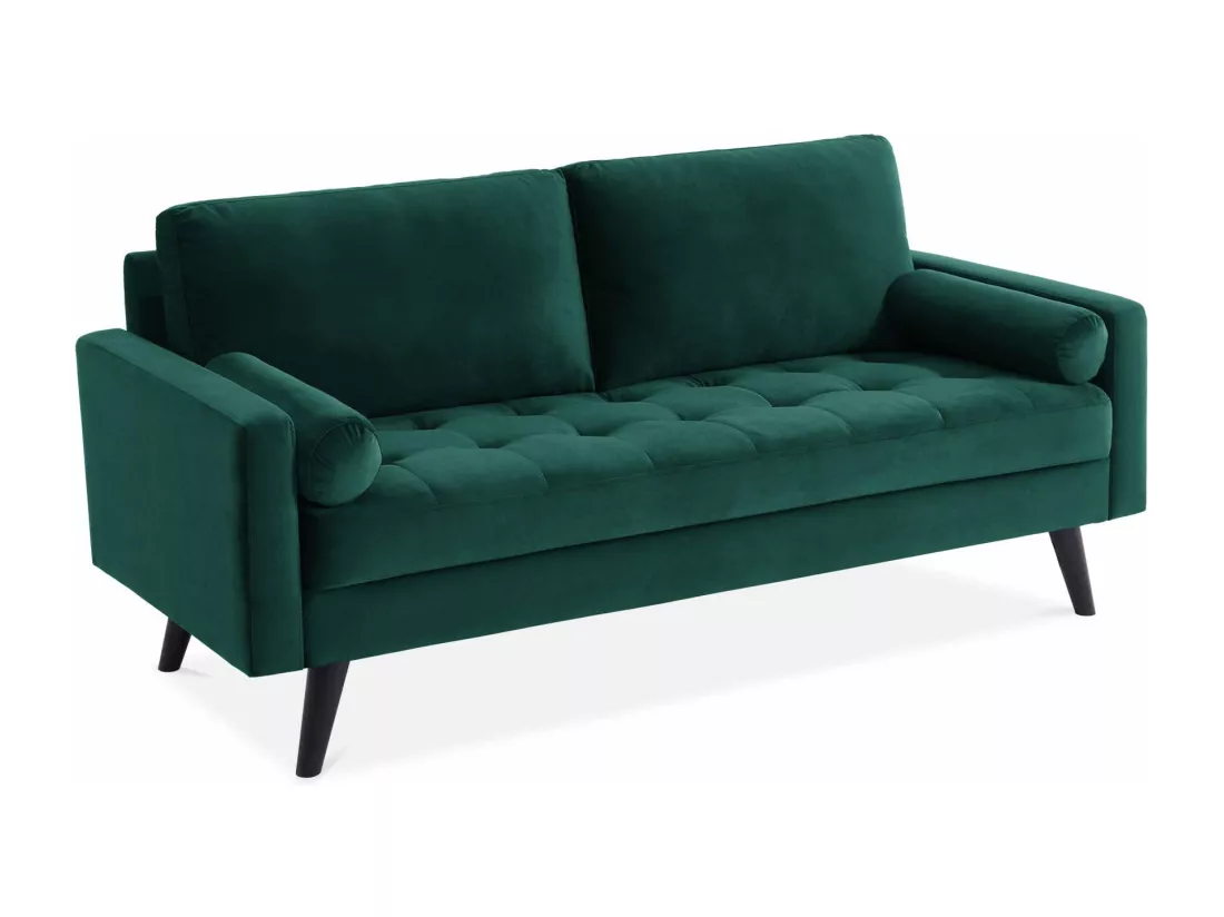 Canapé en velours vert anglais. 3 places scandinave fixe. droit. pieds bois noir